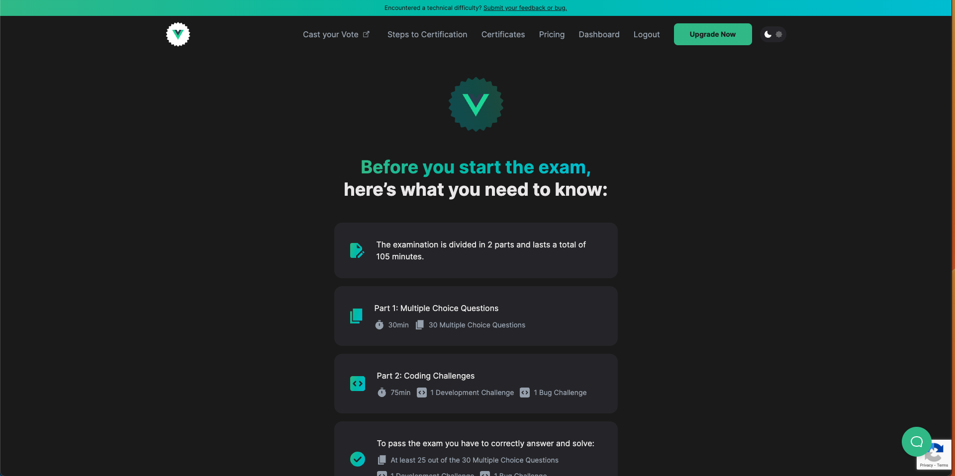 Screenshot of exam intro page