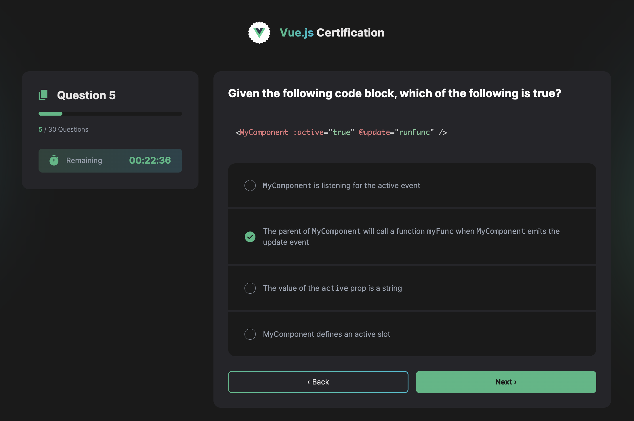 Screenshot of a dummy multiple choice question from the certification platform