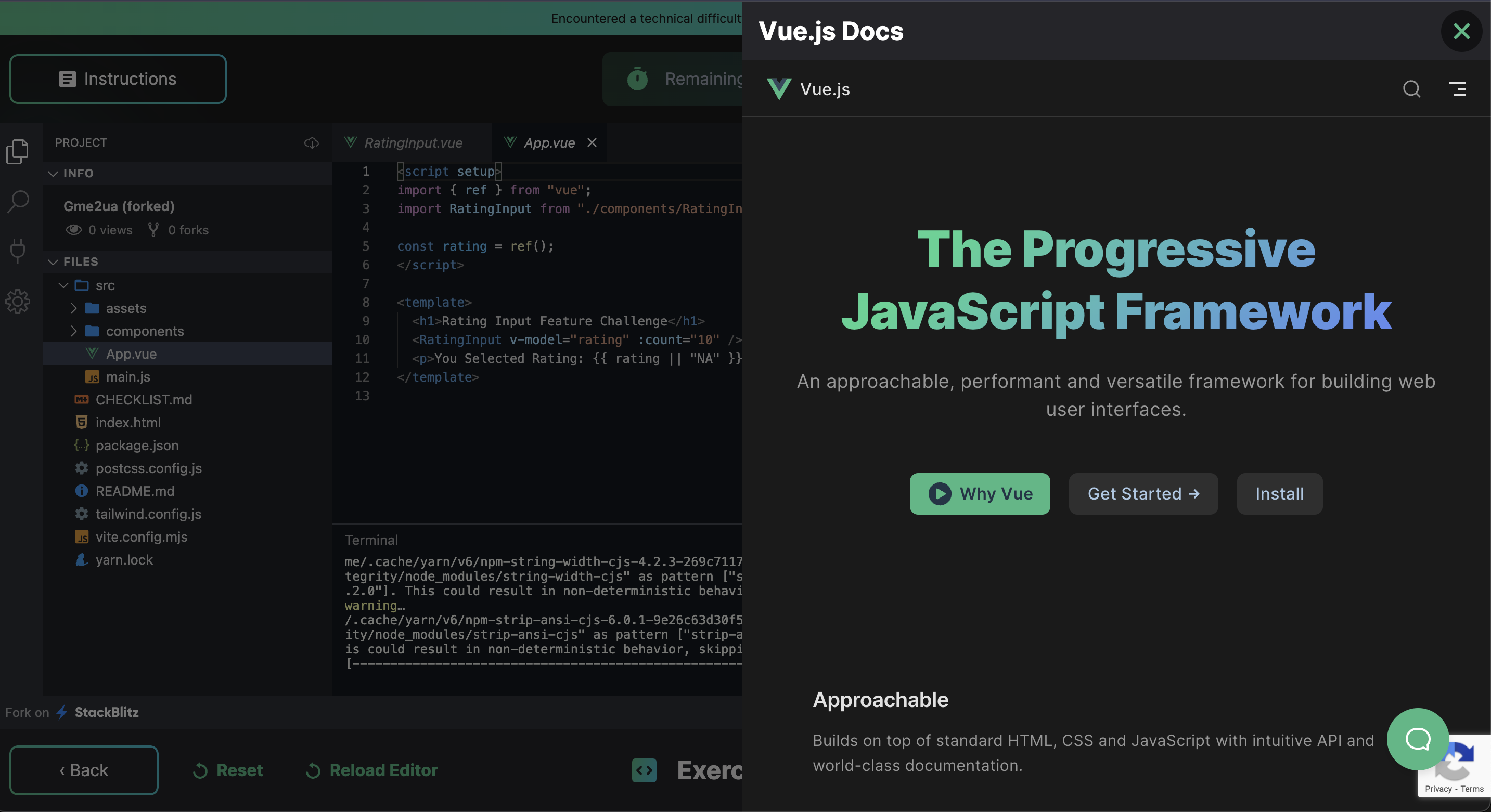 Screenshot of the Vue.js Docs embedded in the coding challenge portion of the exam