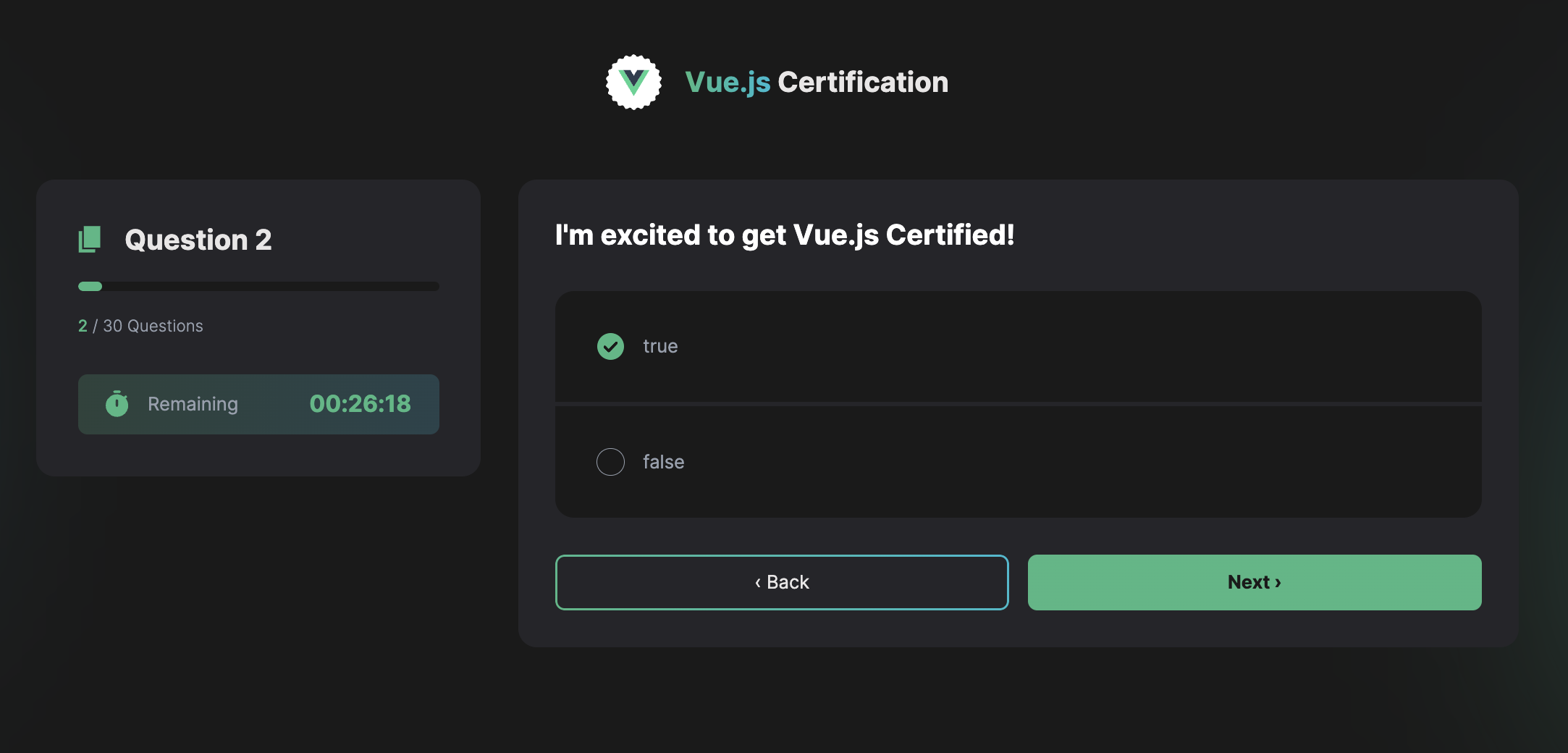 Screenshot of a dummy true/false question from the certification platform